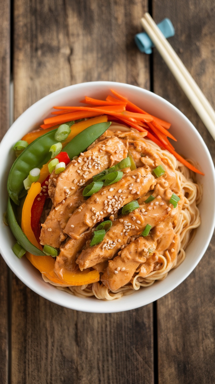 Spicy peanut chicken bowl with noodles, colorful vegetables, garnished with green onions and sesame seeds.